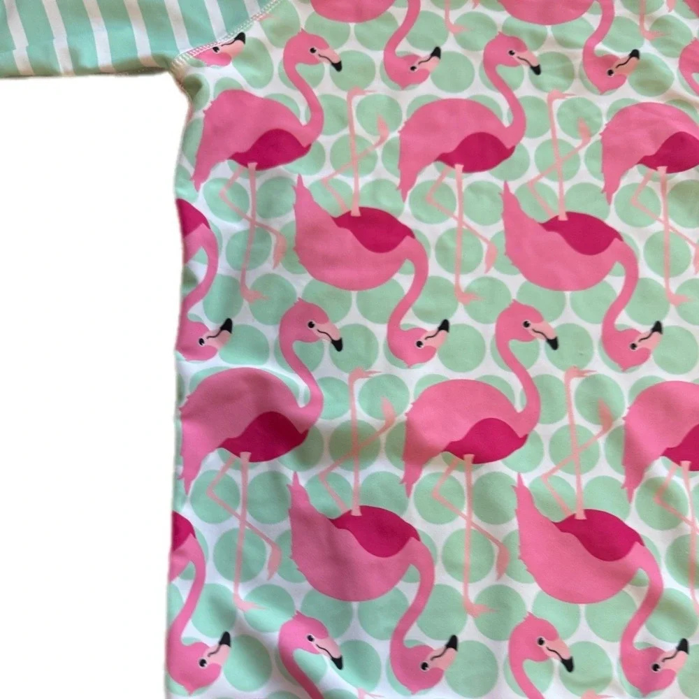 Ruffle Girl Rash Guard Kids Size 10 Pink Flamingo Mint‎ Green Striped Excellent